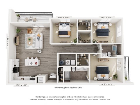 Floor plan for 3 beds, 2 baths, 1526 sqft